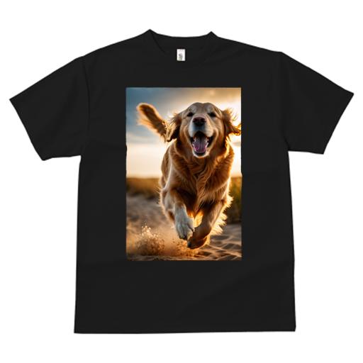 Tシャツ レディース 犬ファン 半袖 春夏 犬柄 プリント カジュアル かわいい 人間用 個性派 ここだけのデザイン 面白 夕焼け ゴールデンレトリバー 砂浜 笑顔 躍動感