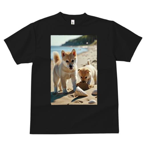 Tシャツ レディース 犬ファン 半袖 春夏 犬柄 プリント カジュアル かわいい 人間用 個性派 ここだけのデザイン 面白 ビーチ 柴犬 海 砂 貝殻