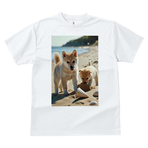 Tシャツ レディース 犬ファン 半袖 春夏 犬柄 プリント カジュアル かわいい 人間用 個性派 ここだけのデザイン 面白 ビーチ 柴犬 海 砂 貝殻