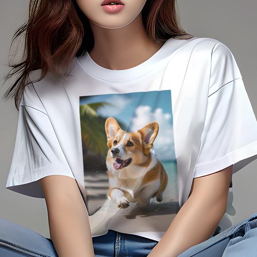 Tシャツ レディース 犬ファン 半袖 春夏 犬柄 プリント カジュアル かわいい 人間用 個性派 ここだけのデザイン 面白 ビーチ コーギー 海 砂浜 夏