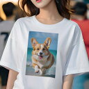 Tシャツ レディース 犬ファン 半袖 春夏 犬柄 プリント カジュアル かわいい 人間用 個性派 ここだけのデザイン 面白 海 コーギー ビーチ 夏 休暇
