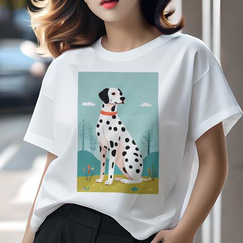 Tシャツ レディース 犬ファン 半袖 春夏 犬柄 プリント カジュアル かわいい 人間用 個性派 ここだけのデザイン 面白 背景 ダルメシアン 空 雲 木