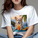 Tシャツ レディース 犬ファン 半袖 春夏 犬柄 プリント カジュアル かわいい 人間用 個性派 ここだけのデザイン 面白 オレンジジュース コーギー オレンジ ビーチ(4)