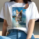 Tシャツ レディース 犬ファン 半袖 春夏 犬柄 プリント カジュアル かわいい 人間用 個性派 ここだけのデザイン 面白 海 コーギー ビーチ 夏 休暇