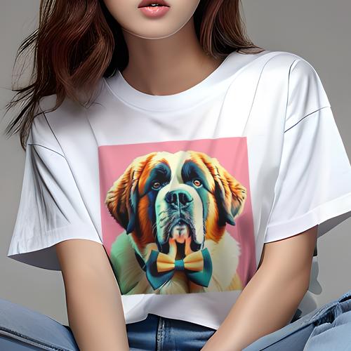 Tシャツ レディース 犬ファン 半袖 春夏 犬柄 プリント カジュアル かわいい 人間用 個性派 ここだけのデザイン 面白 蝶ネクタイ セントバーナード