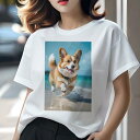 Tシャツ レディース 犬ファン 半袖 春夏 犬柄 プリント カジュアル かわいい 人間用 個性派 ここだけのデザイン 面白 ビーチ コーギー 海 夏 休暇