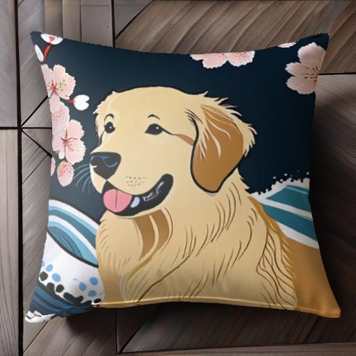桜 ゴールデンレトリバー 波 クッションカバー 45×45cm アニマル柄 おしゃれ 可愛い クッション本体付き 正方形 犬ファン
