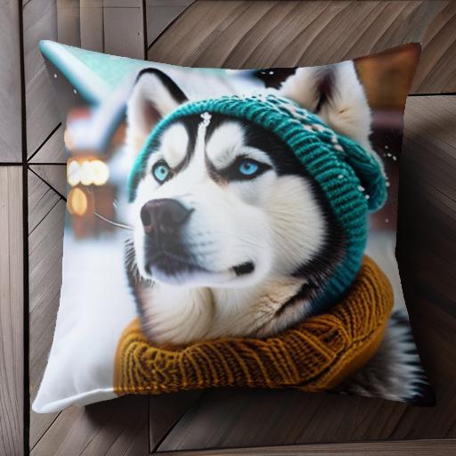 ニット帽 シベリアンハスキー マフラー 冬 雪 クッションカバー 45×45cm アニマル柄 おしゃれ 可愛い クッション本体付き 正方形 犬ファン