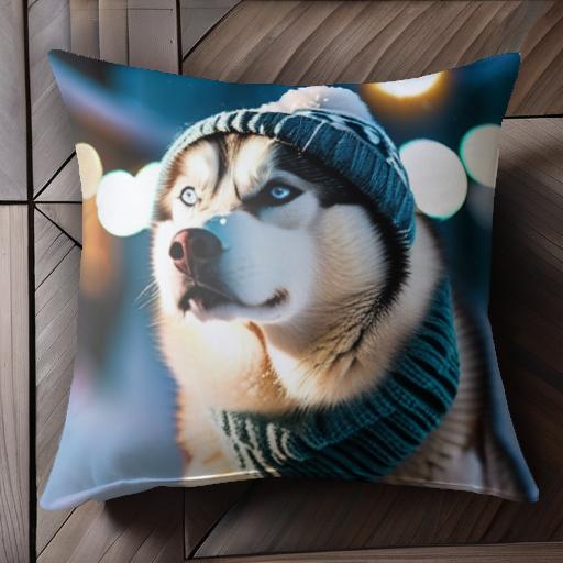 ニット帽 ハスキー マフラー 冬 雪 クッションカバー 45×45cm アニマル柄 おしゃれ 可愛い クッション本体付き 正方形 犬ファン