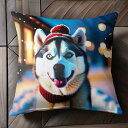 帽子 シベリアンハスキー 雪 冬 クリスマス クッションカバー 45×45cm アニマル柄 おしゃれ 可愛い クッション本体付き 正方形 犬ファン