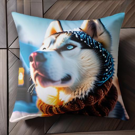 冬 シベリアンハスキー 雪 ニット帽 マフラー クッションカバー 45×45cm アニマル柄 おしゃれ 可愛い クッション本体付き 正方形 犬ファン