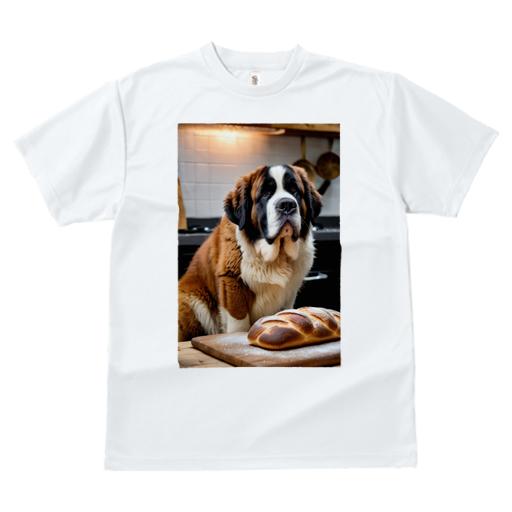 Tシャツ レディース 犬ファン 半袖 春夏 犬柄 プリント カジュアル かわいい 人間用 個性派 ここだけのデザイン 面白 パン セントバーナード 木の板 小麦粉