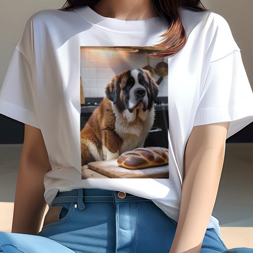 Tシャツ レディース 犬ファン 半袖 春夏 犬柄 プリント カジュアル かわいい 人間用 個性派 ここだけのデザイン 面白 パン セントバーナード 木の板 小麦粉