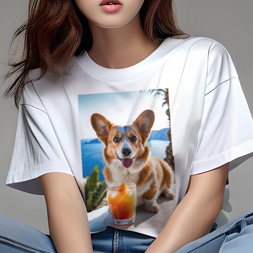 Tシャツ レディース 犬ファン 半袖 春夏 犬柄 プリント カジュアル かわいい 人間用 個性派 ここだけのデザイン 面白 飲み物 コーギー カクテル 海 リゾート