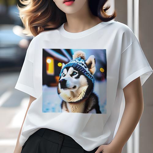 Tシャツ レディース 犬ファン 半袖 春夏 犬柄 プリント カジュアル かわいい 人間用 個性派 ここだけのデザイン 面白 ニット帽 シベリアンハスキー 冬 雪