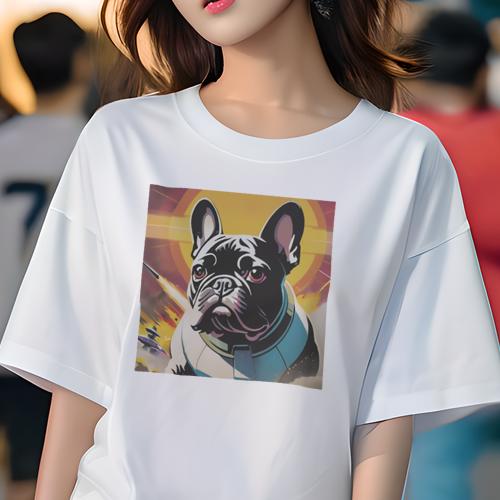 Tシャツ レディース 犬ファン 半袖 春夏 犬柄 プリント カジュアル かわいい 人間用 個性派 ここだけのデザイン 面白 宇宙 フレンチブルドッグ スペース ロケット