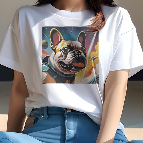 Tシャツ レディース 犬ファン 半袖 春夏 犬柄 プリント カジュアル かわいい 人間用 個性派 ここだけのデザイン 面白 宇宙 フレンチブルドッグ スペース 惑星 ロケット
