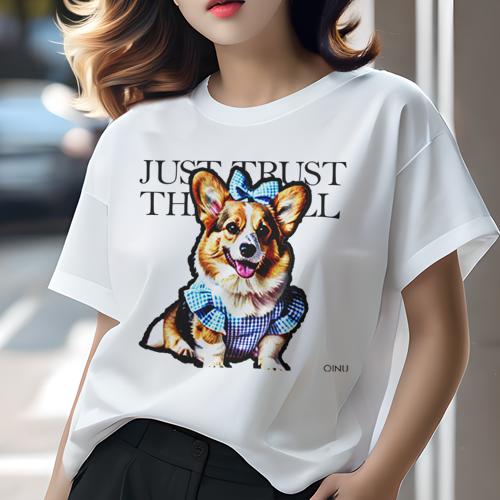 Tシャツ レディース 犬ファン 半袖 春夏 犬柄 プリント カジュアル かわいい 人間用 個性派 ここだけのデザイン 面白 ギンガムチェック コーギー リボン