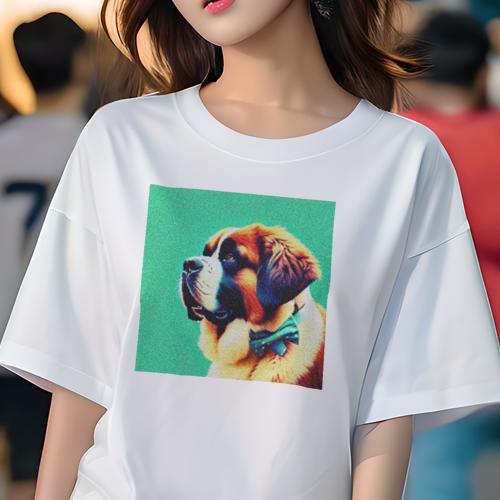 Tシャツ レディース 犬ファン 半袖 春夏 犬柄 プリント カジュアル かわいい 人間用 個性派 ここだけのデザイン 面白 蝶ネクタイ セントバーナード
