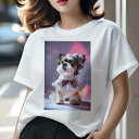 Tシャツ レディース 犬ファン 半袖 春夏 犬柄 プリント カジュアル かわいい 人間用 個性派 ここだけのデザイン 面白 リボン シーズー フリル(4)