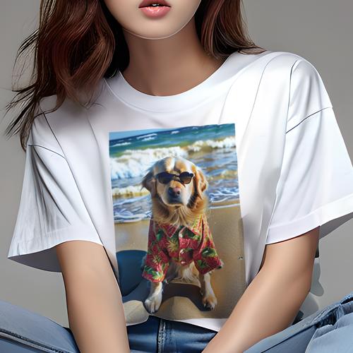 ゴールデンレトリバー Tシャツ レディース 犬ファン 半袖 春夏 犬柄 プリント カジュアル かわいい 人間用 個性派 ここだけのデザイン 面白 アロハシャツ ゴールデンレトリバー ビーチ 海 サングラス