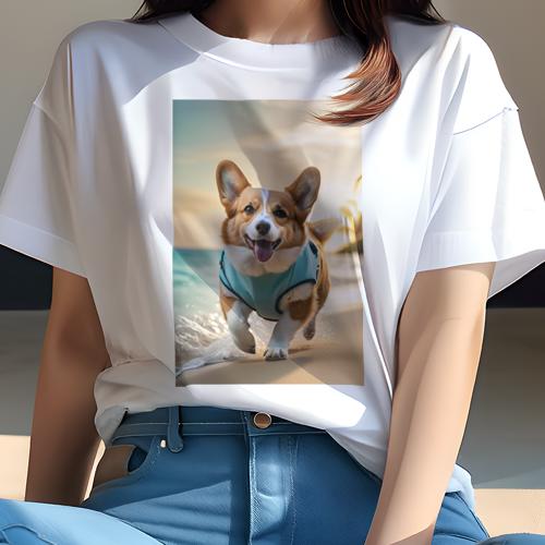 コーギー Tシャツ レディース 犬ファン 半袖 春夏 犬柄 プリント カジュアル かわいい 人間用 個性派 ここだけのデザイン 面白 ビーチ コーギー 海 夏 砂浜