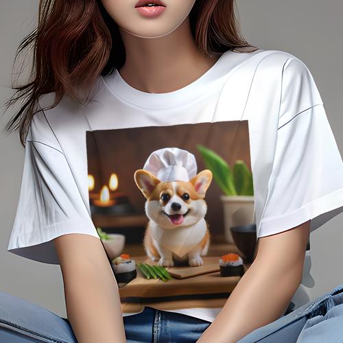 コーギー Tシャツ レディース 犬ファン 半袖 春夏 犬柄 プリント カジュアル かわいい 人間用 個性派 ここだけのデザイン 面白 寿司 コーギー シェフの帽子 木製まな板 キャンドル