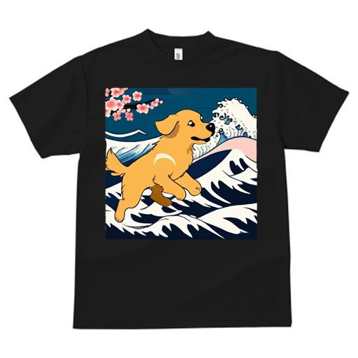 ゴールデンレトリバー Tシャツ メンズ キッズ 犬ファン 半袖 春夏 犬柄 プリント カジュアル かわいい 人間用 個性派 ここだけのデザイン 面白 波 ゴールデンレトリバー 花 日本画