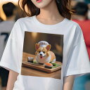 コーギー Tシャツ レディース 犬ファン 半袖 春夏 犬柄 プリント カジュアル かわいい 人間用 個性派 ここだけのデザイン 面白 寿司 コーギー シェフの帽子 巻き寿司 箸(4)
