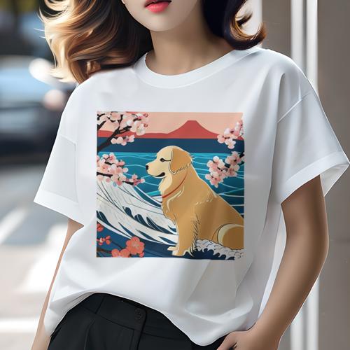 ゴールデンレトリバー Tシャツ レディース 犬ファン 半袖 春夏 犬柄 プリント カジュアル かわいい 人間用 個性派 ここだけのデザイン 面白 波 ゴールデンレトリバー 桜 海 山