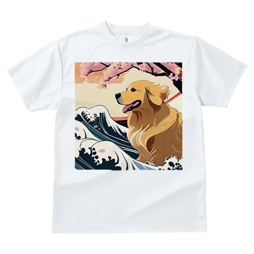 ゴールデンレトリバー Tシャツ レディース 犬ファン 半袖 春夏 犬柄 プリント カジュアル かわいい 人間用 個性派 ここだけのデザイン 面白 波 ゴールデンレトリバー 桜 日本画