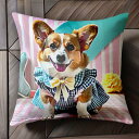 ワンピース コーギー リボン ストライプ クッションカバー 45×45cm アニマル柄 おしゃれ 可愛い クッション本体付き 正方形 犬ファン