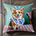 リボン コーギー ギンガムチェック テーブルクロス クッションカバー 45×45cm アニマル柄 おしゃれ 可愛い クッション本体付き 正方形 犬ファン