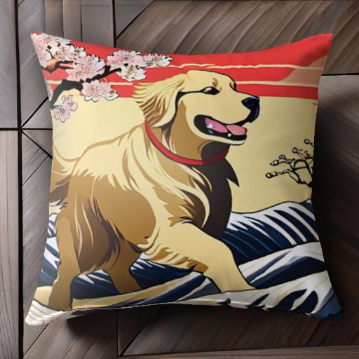 波 ゴールデンレトリバー 花 日本画 クッションカバー 45×45cm アニマル柄 おしゃれ 可愛い クッション本体付き 正方形 犬ファン