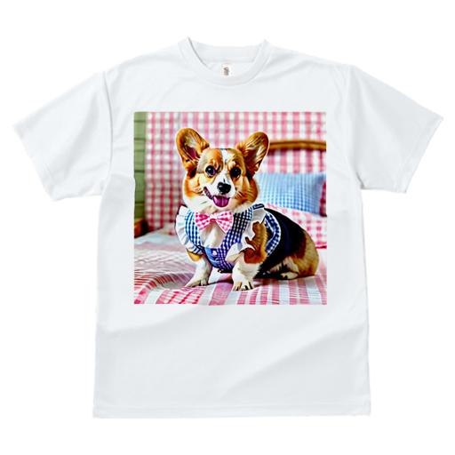 コーギー Tシャツ レディース 犬ファン 半袖 春夏 犬柄 プリント カジュアル かわいい 人間用 個性派 ここだけのデザイン 面白 ベッド コーギー 蝶ネクタイ チェック柄