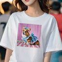 コーギー Tシャツ レディース 犬ファン 半袖 春夏 犬柄 プリント カジュアル かわいい 人間用 個性派 ここだけのデザイン 面白 リボン コーギー ワンピース チェック柄 ピンクの背景