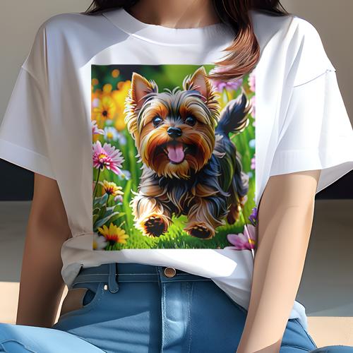 ヨークシャーテリア Tシャツ レディース 犬ファン 半袖 春夏 犬柄 プリント カジュアル かわいい 人間用 個性派 ここだけのデザイン 面白 花 ヨークシャーテリア 草原 春 自然