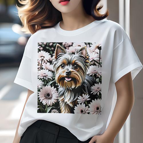ヨークシャーテリア Tシャツ レディース 犬ファン 半袖 春夏 犬柄 プリント カジュアル かわいい 人間用 個性派 ここだけのデザイン 面白 花 ヨークシャーテリア デイジー