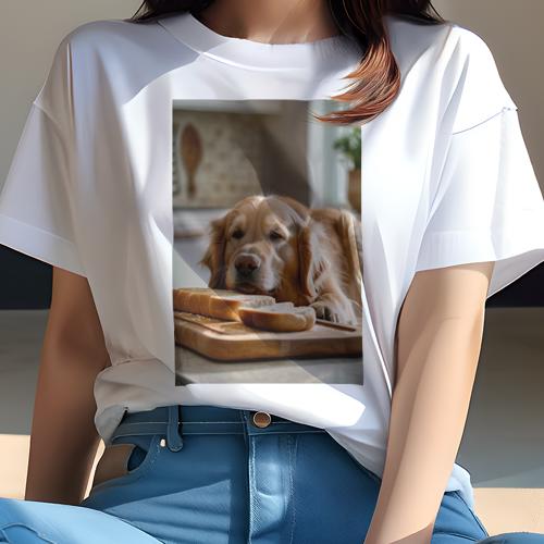 楽天フロントップ楽天市場店ゴールデンレトリバー Tシャツ レディース 犬ファン 半袖 春夏 犬柄 プリント カジュアル かわいい 人間用 個性派 ここだけのデザイン 面白 パン ゴールデンレトリバー キッチン