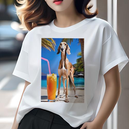 サルーキ Tシャツ レディース 犬ファン 半袖 春夏 犬柄 プリント カジュアル かわいい 人間用 個性派 ここだけのデザイン 面白 ビーチ サルーキ ドリンク カクテル 海