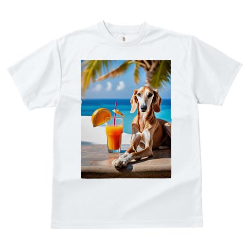 サルーキ Tシャツ レディース 犬ファン 半袖 春夏 犬柄 プリント カジュアル かわいい 人間用 個性派 ここだけのデザイン 面白 オレンジジュース サルーキ 海 ヤシの木