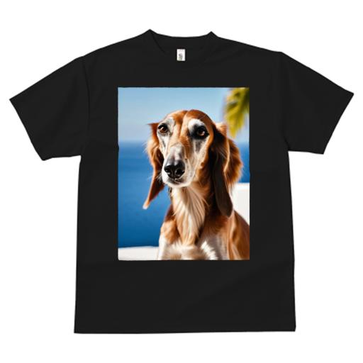 サルーキ Tシャツ レディース 犬ファン 半袖 春夏 犬柄 プリント カジュアル かわいい 人間用 個性派 ここだけのデザイン 面白 海 サルーキ 空 ヤシの木