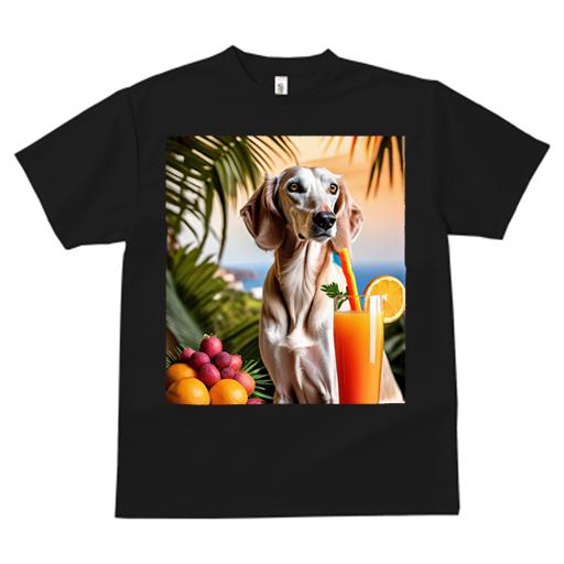 サルーキ Tシャツ レディース 犬ファン 半袖 春夏 犬柄 プリント カジュアル かわいい 人間用 個性派 ここだけのデザイン 面白 ジュース サルーキ オレンジ トロピカル リゾート