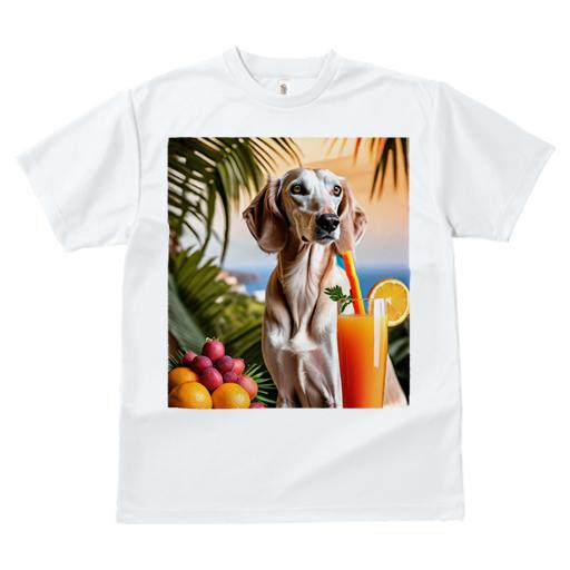 サルーキ Tシャツ レディース 犬ファン 半袖 春夏 犬柄 プリント カジュアル かわいい 人間用 個性派 ここだけのデザイン 面白 ジュース サルーキ オレンジ トロピカル リゾート