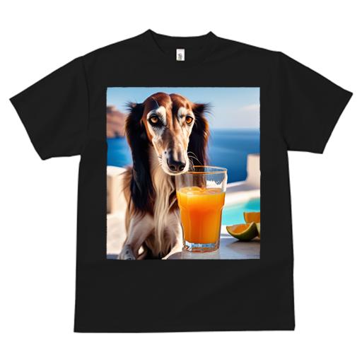 サルーキ Tシャツ メンズ キッズ 犬ファン 半袖 春夏 犬柄 プリント カジュアル かわいい 人間用 個性派 ここだけのデザイン 面白 オレンジジュース サルーキ 海 リゾート