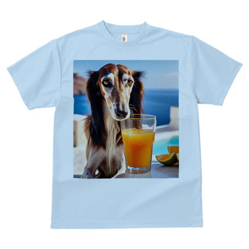 サルーキ Tシャツ メンズ キッズ 犬ファン 半袖 春夏 犬柄 プリント カジュアル かわいい 人間用 個性派 ここだけのデザイン 面白 オレンジジュース サルーキ 海 リゾート