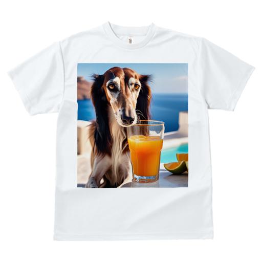 サルーキ Tシャツ メンズ キッズ 犬ファン 半袖 春夏 犬柄 プリント カジュアル かわいい 人間用 個性派 ここだけのデザイン 面白 オレンジジュース サルーキ 海 リゾート