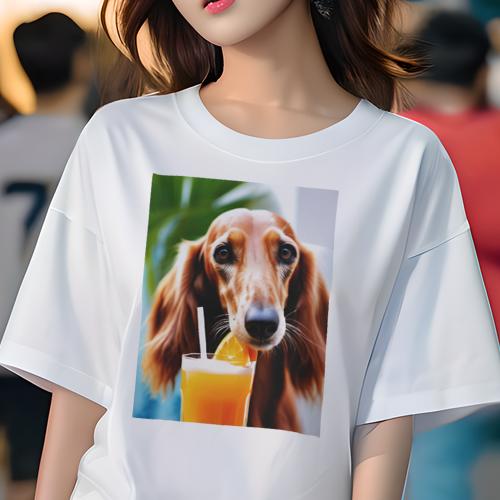 サルーキ Tシャツ レディース 犬ファン 半袖 春夏 犬柄 プリント カジュアル かわいい 人間用 個性派 ここだけのデザイン 面白 ジュース サルーキ オレンジ