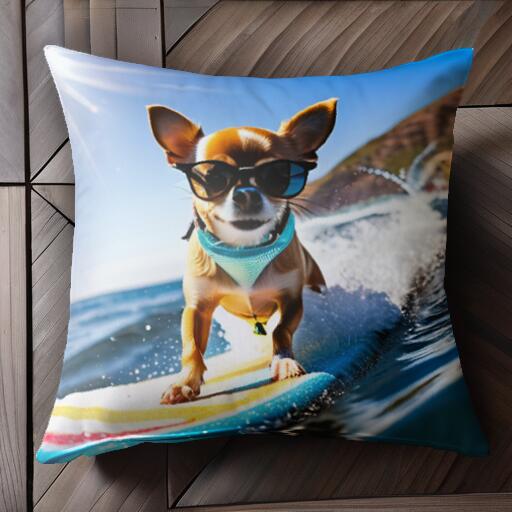 サーフィン チワワ 海 夏 太陽 クッションカバー 45×45cm アニマル柄 おしゃれ 可愛い クッション本体付き 正方形 犬ファン