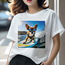チワワ Tシャツ レディース 犬ファン 半袖 春夏 犬柄 プリント カジュアル かわいい 人間用 個性派 ここだけのデザイン 面白 サーフィン チワワ 海 サングラス 波(4)